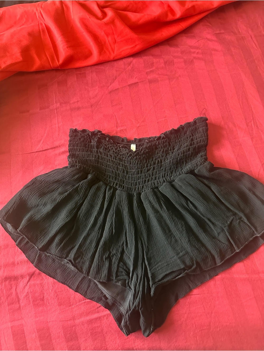 Black Smocked Waist Ruffled Short